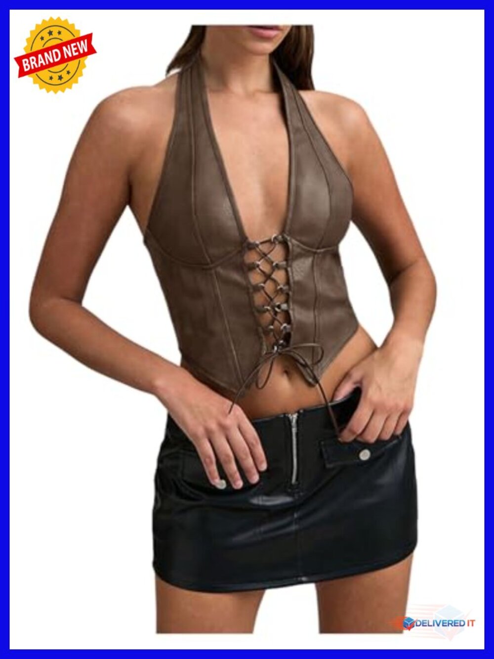 PU Leather Halter Top Lace Up Sleeveless Backless Y2k Crop Tank